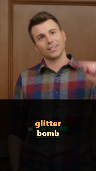 Captioned vertical clip — Mark Rober glitter bomb moment with casual captions
